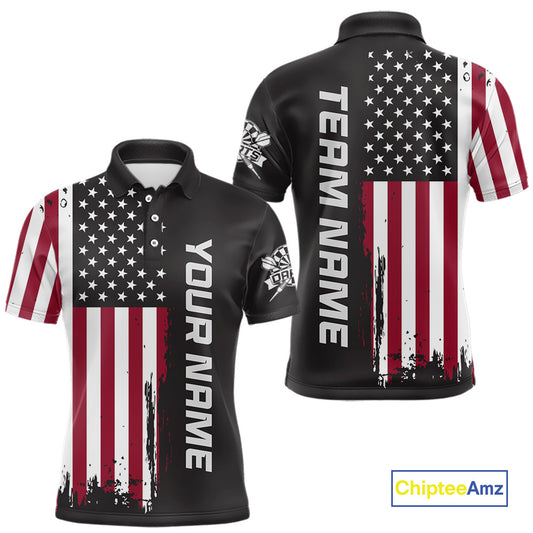 Front and back view of a custom brown dart polo shirt featuring a distressed American flag graphic with personalized team name and player name.