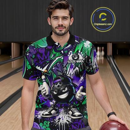 Man wearing a colorful bowling shirt with a cartoon character on a bowling alley.