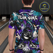 Load image into Gallery viewer, Person wearing a colorful bowling shirt with a cartoon character and 'Team Name' text in a bowling alley.