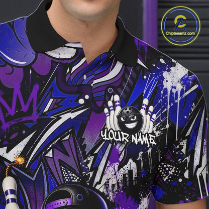 Colorful polo shirt with abstract design and 'Your Name' text, brand logo visible.