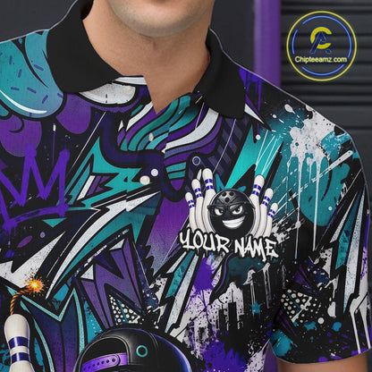 Colorful polo shirt with abstract design and 'Your Name' text, brand logo visible.