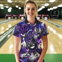 Load image into Gallery viewer, Woman wearing a colorful bowling shirt with a graphic design in a bowling alley.