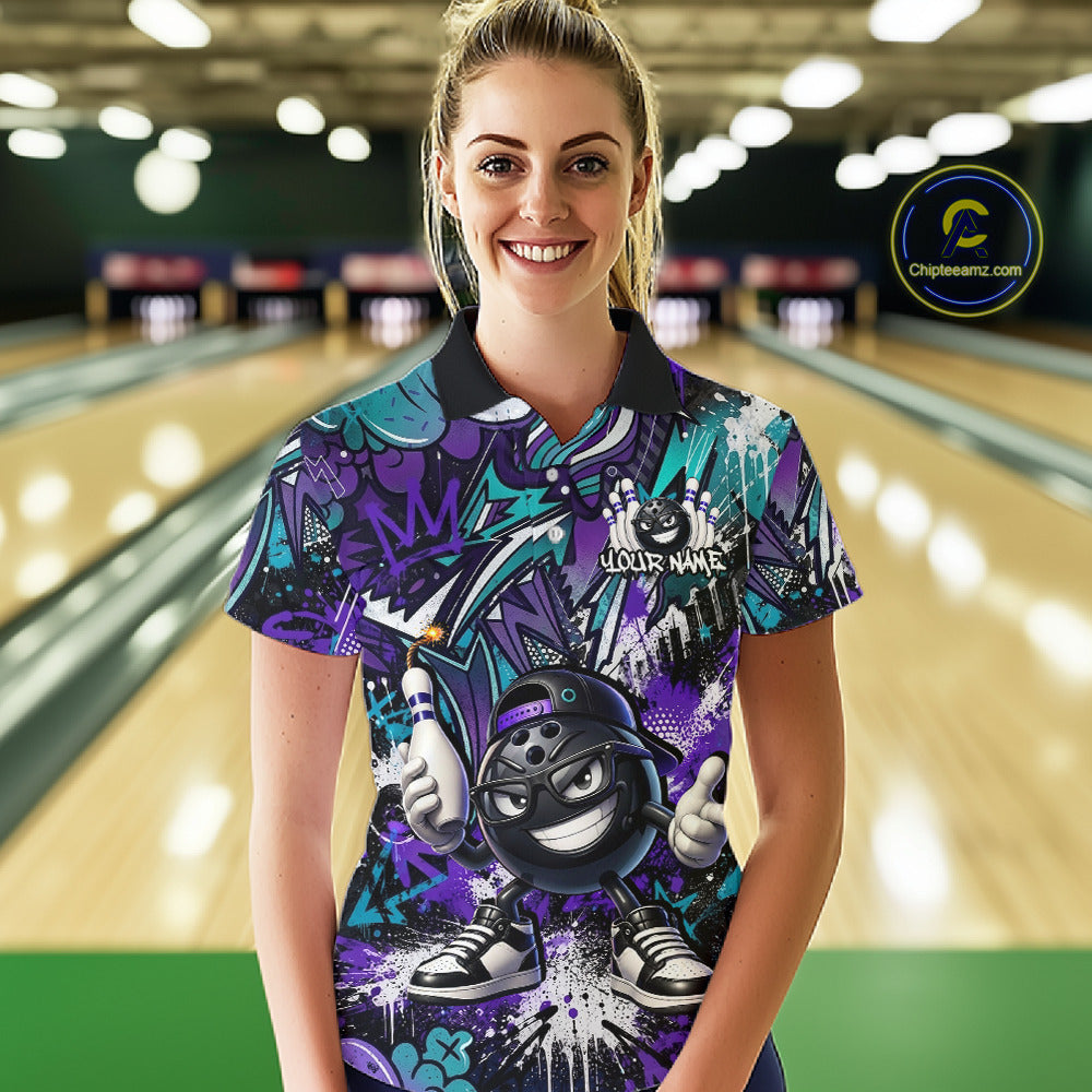 Woman wearing a colorful bowling shirt with a graphic design in a bowling alley.