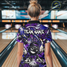 Load image into Gallery viewer, Person wearing a purple bowling shirt with 'TEAM NAME' text in a bowling alley.