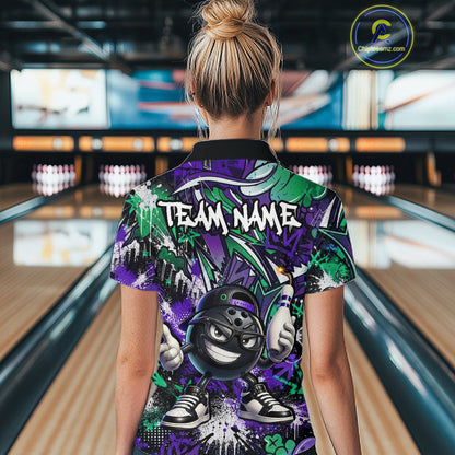 Person wearing a colorful bowling shirt with 'TEAM NAME' text in a bowling alley.