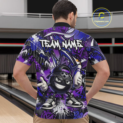 Man wearing a colorful bowling shirt with a cartoon bowling ball design in a bowling alley.