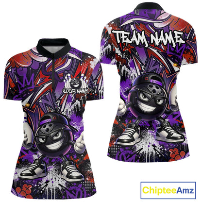 Custom Purple Red Graffiti Funny Bowling Mascot Shirt for Women Polo & 1/4 Zip for Bowling Team QZT1062