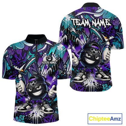 Purple and black bowling shirt with cartoon character and 'Team Name' text, featuring Chiptee Amz branding.