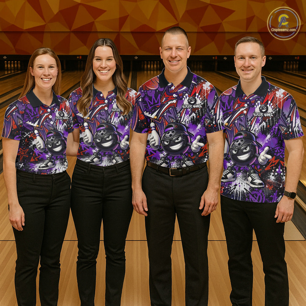 Four people wearing matching purple bowling shirts with a black dog graphic on a bowling alley.