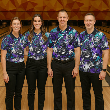 Four people wearing matching bowling shirts with a gorilla design in a bowling alley.