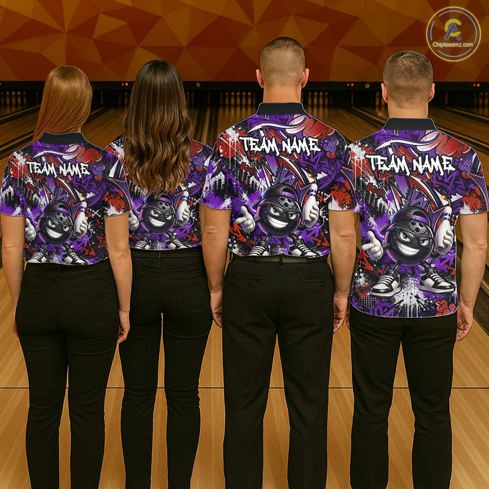 Four people wearing matching team jerseys with a colorful design on a bowling alley background.