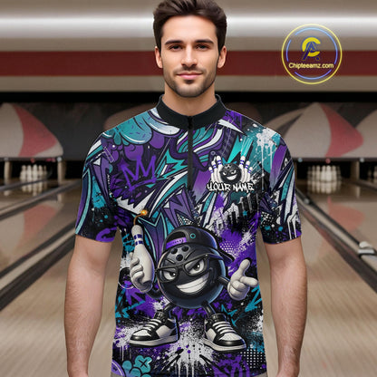 Man wearing a colorful bowling shirt with a cartoon character in a bowling alley.