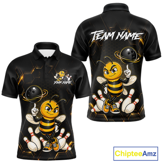Black & Gold Funny Bee Bowling Shirt for Men Custom Bowling Team Jersey League Polo & Quarter-Zip QZT1008