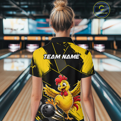 Custom Black & Yellow Funny Chicken Bowling Shirt for Women Bowling Team Jersey Polo & 1/4-Zip QZT1010