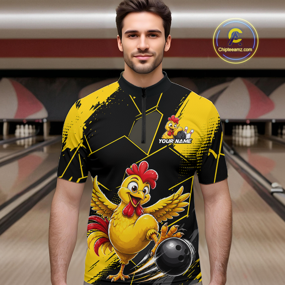 Custom Black & Yellow Funny Chicken Bowling Shirt for Men Bowling Team Jersey Polo & Quarter-Zip QZT1010