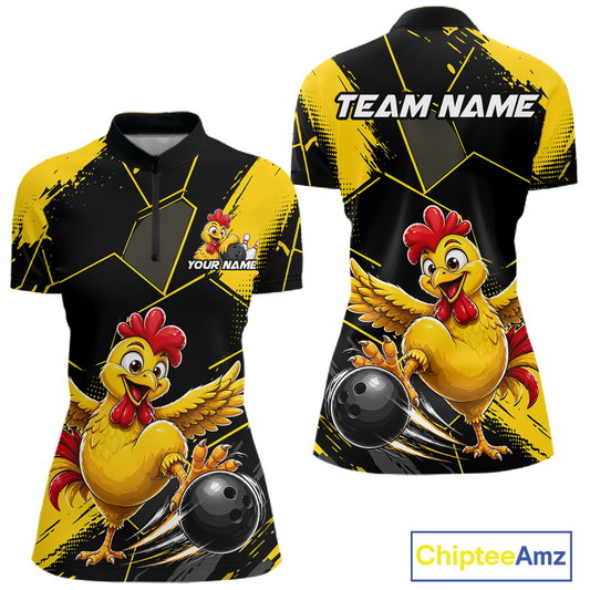 Custom Black & Yellow Funny Chicken Bowling Shirt for Women Bowling Team Jersey Polo & 1/4-Zip QZT1010