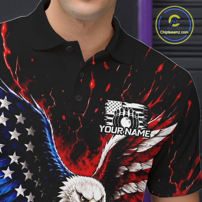 Polo shirt with American flag, eagle, and graphic design on a dark background