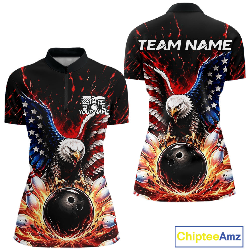 Bowling shirt with eagle design and customizable text, featuring American flag colors.