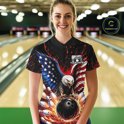 Woman wearing a bowling shirt with an eagle design in a bowling alley
