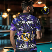 Load image into Gallery viewer, Person wearing a colorful polo shirt with a billiards theme in a pool hall setting.