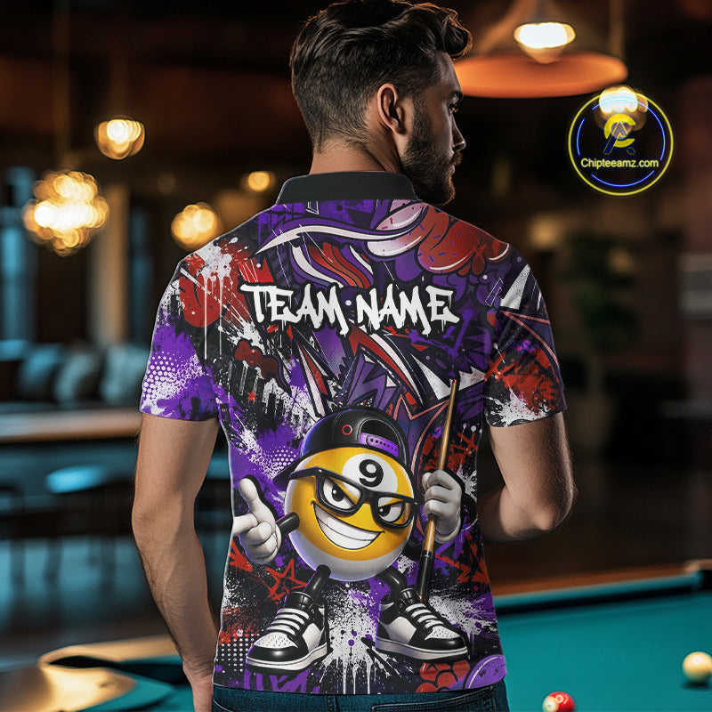 Man wearing a colorful polo shirt with a pool ball design in a bar setting