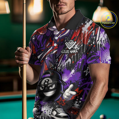 Person wearing a colorful polo shirt with a pool ball design, holding a pool cue on a pool table.