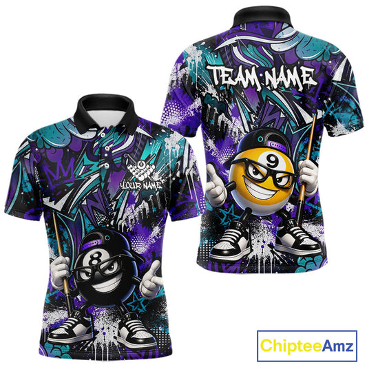 Purle teal billiard shirt with cartoon characters and 'Team Name' text, featuring the Chiptee Amz brand.