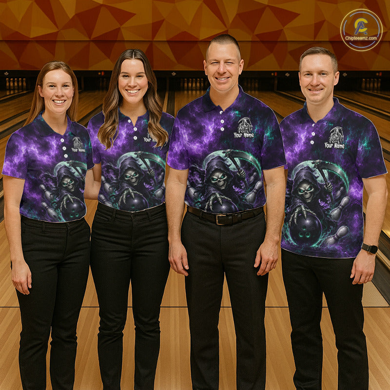 Four people standing in a bowling alley wearing matching purple and black graphic polo shirts with a skull design, black pants, and bowling pins visible in the background.