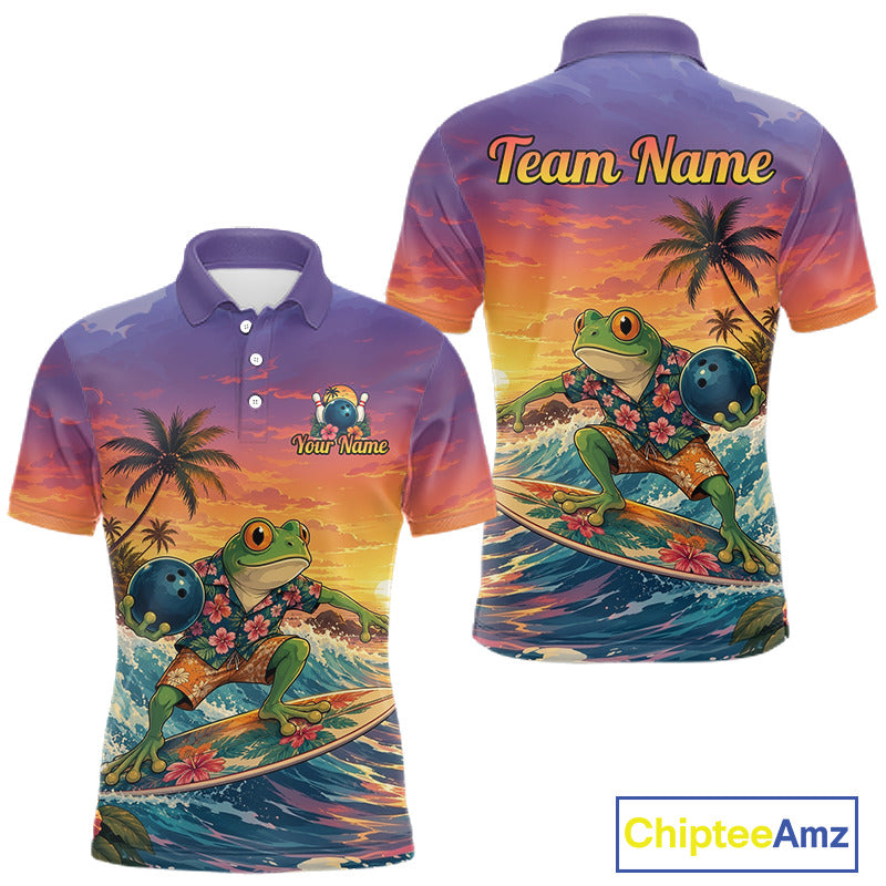 A short-sleeve polo shirt shown from both front and back on a white background. The shirt features a colorful tropical sunset print with a frog surfing on waves, palm trees, bowling pins, and customizable text reading 'Team Name' on the back and 'Your Name' on the front.