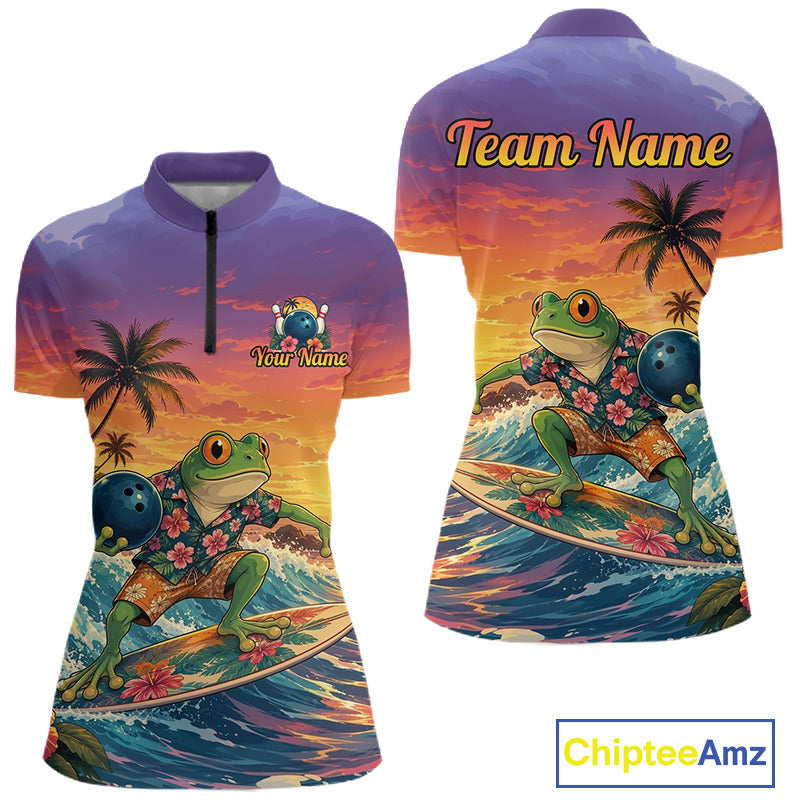 Front and back views of a short-sleeve polo shirt with a colorful tropical frog surfing design, shown on a white background with a ChipteeAmz logo in the bottom right corner.