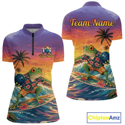 Front and back views of a short-sleeve polo shirt with a colorful tropical frog surfing design, shown on a white background with a ChipteeAmz logo in the bottom right corner.