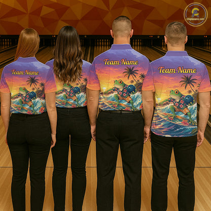 Four people standing with their backs to the camera in a bowling alley, wearing matching custom-designed bowling shirts with a colorful tropical turtle and sunset print. The shirts feature the text 'Team Name' on the upper back.