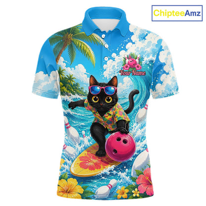 A short-sleeve polo shirt with a vibrant all-over tropical wave print and a central graphic of a black cat surfing on a yellow board while holding a pink bowling ball. The shirt features a blue collar, blue sleeves, and a multicolor design with palm trees, flowers, and bowling pins.