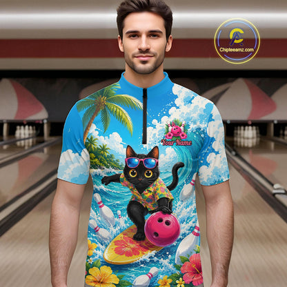 A man wearing a short-sleeve quarter-zip cycling jersey with a vibrant tropical beach print featuring a black cat surfing on a yellow board, blue ocean waves, palm trees, and pink hibiscus flowers. The jersey has a black cat graphic on the front