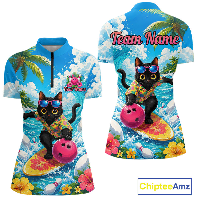 Front and back views of a short-sleeve polo shirt with a colorful tropical beach print featuring a black cat surfing on a pink bowling ball, palm trees, waves, and flowers. The back has 'Team Name' text and customizable name placeholders.