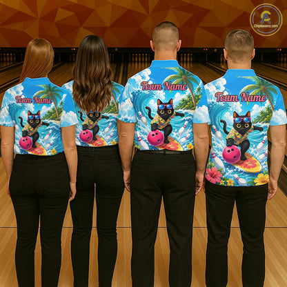 Four people standing with their backs to the camera in a bowling alley, wearing matching custom bowling shirts with a tropical beach print featuring a black cat surfing on a pink bowling ball. The shirts have 'Team Name' printed on the back.