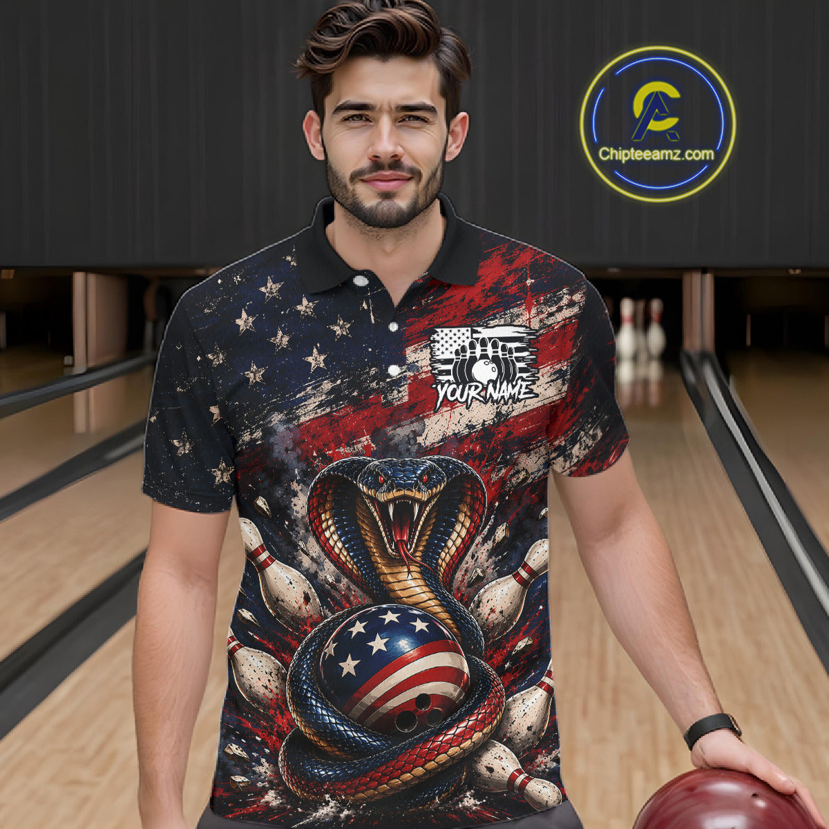 Man wearing a shirt with a snake and American flag design in a bowling alley.