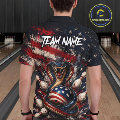 Person wearing a shirt with a snake and American flag design in a bowling alley.