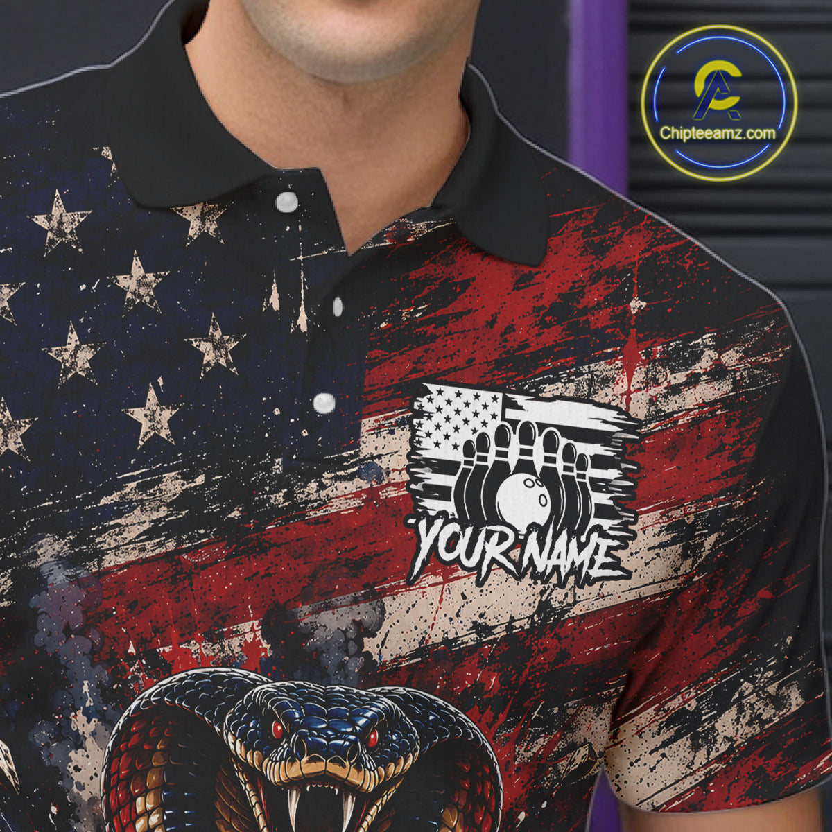 Polo shirt with American flag design and snake graphic, featuring a brand logo in the corner.