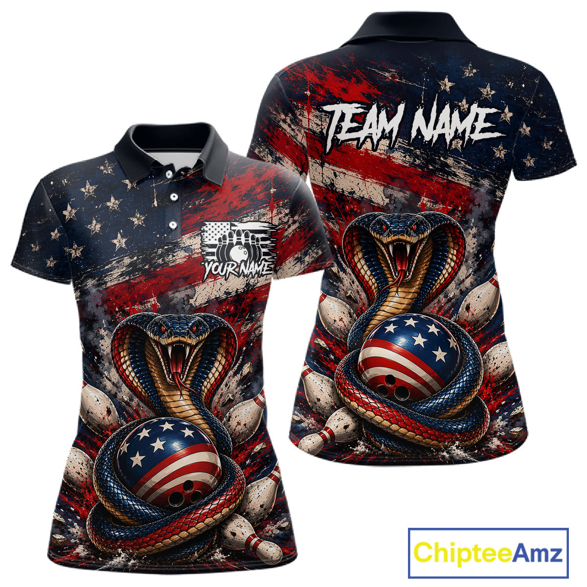 Polo shirt with American flag and snake design, featuring 'Team Name' text.