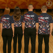 Load image into Gallery viewer, Four people wearing bowling shirts with team names and American flag designs on a bowling alley.