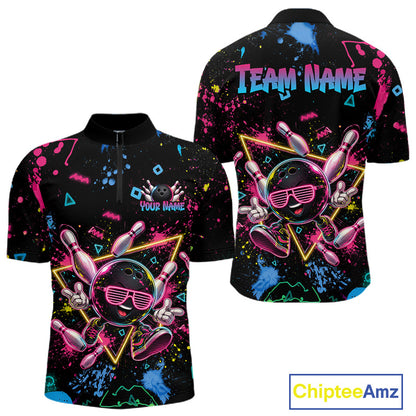 A black short-sleeve quarter-zip polo shirt shown from both front and back, featuring a neon pink and blue bowling-themed graphic with bowling pins, bowling balls, paint splatters, and customizable text areas reading 'TEAM NAME' and 'YOUR NAME'.