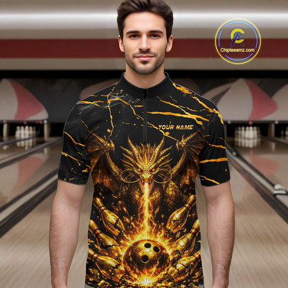Custom Black and Gold Bowling Shirt Dragon Bowling Jersey League for Men Polo & 1/4-Zip Outfit QZT834