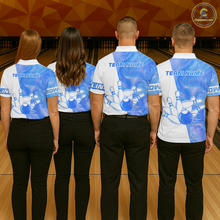 Load image into Gallery viewer, Four people wearing matching bowling shirts with 'Team Name' text at a bowling alley.
