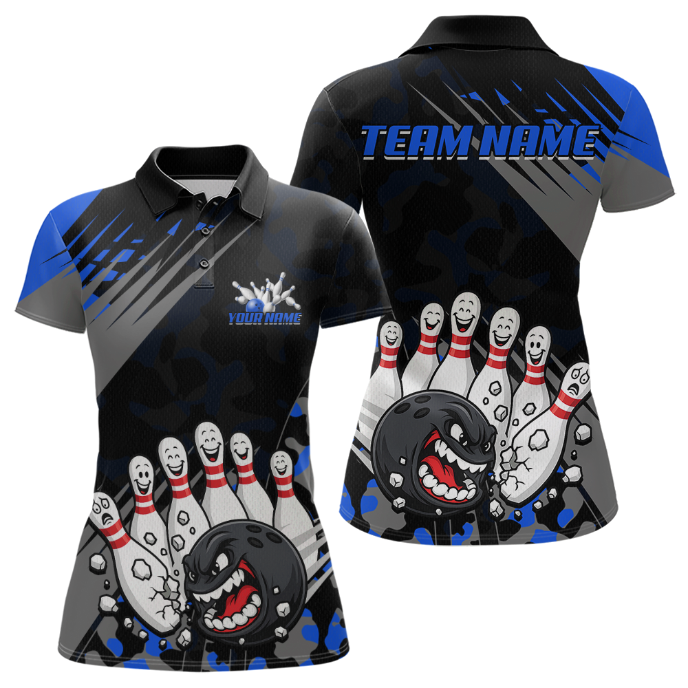 Custom Blue Funny Bowling Shirt Crazy Bowling Jersey Women Polo & 1/4 Zip Bowling Outfit QZT785