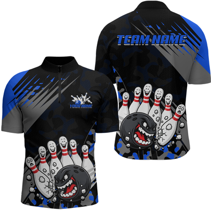 Custom Blue Funny Bowling Shirt Crazy Bowling Jersey Men Polo & 1/4 Zip Bowling Outfit QZT785