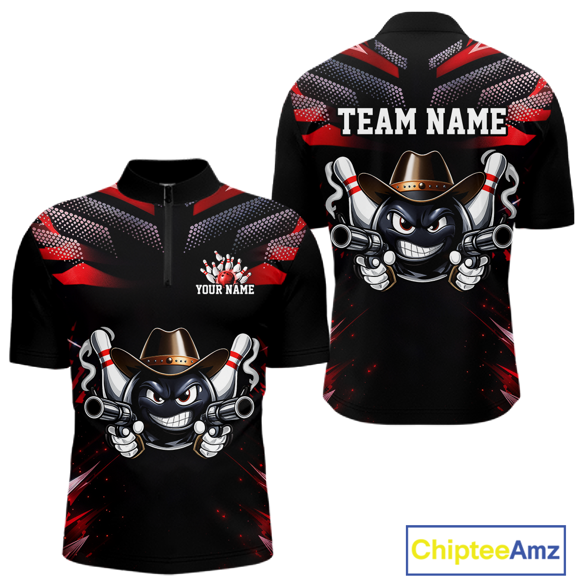 Custom Black & Red Funny Cowboy Bowling Shirt for Men Polo & 1/4-Zip Bowling League QZT840