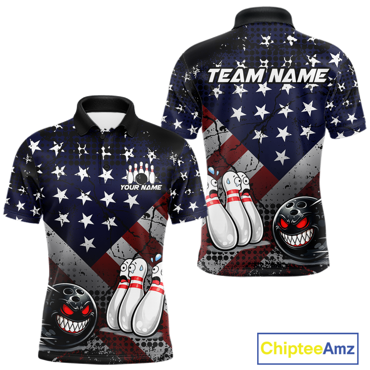 Custom American Flag Funny Bowling Team Shirt for Men Polo & Quarter-Zip Bowling Jersey Blue Red White QZT928