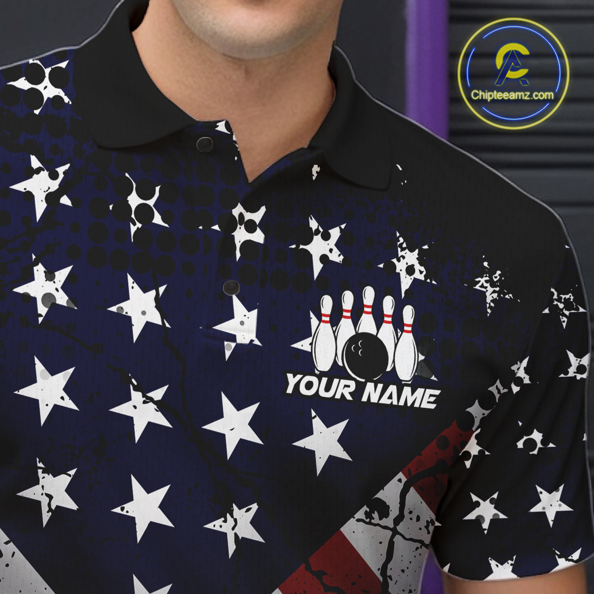Custom American Flag Funny Bowling Team Shirt for Men Polo & Quarter-Zip Bowling Jersey Blue Red White QZT928