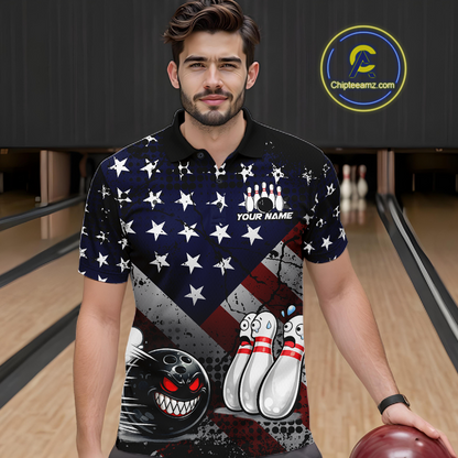 Custom American Flag Funny Bowling Team Shirt for Men Polo & Quarter-Zip Bowling Jersey Blue Red White QZT928